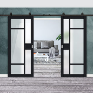 Image: Top Mounted Black Sliding Track & Solid Wood Double Doors - Eco-Urban® Jura 5 Pane 1 Panel Doors DD6431SG Frosted Glass - Shadow Black Premium Primed