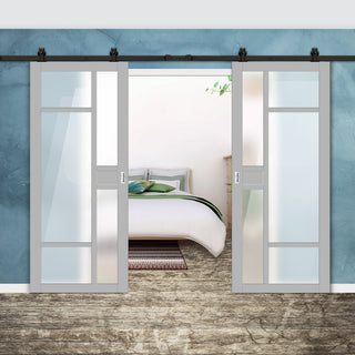 Image: Top Mounted Black Sliding Track & Solid Wood Double Doors - Eco-Urban® Jura 5 Pane 1 Panel Doors DD6431SG Frosted Glass - Mist Grey Premium Primed