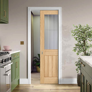 Image: Belize Oak Single Evokit Pocket Door - Silkscreen Etched Glass - Prefinished