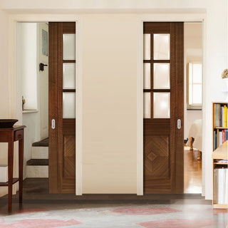 Image: Kensington Walnut Unico Evo Pocket Doors - Clear Bevelled Glass - Prefinished