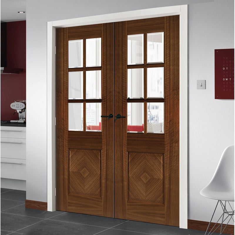 Kensington Walnut Prefinished Door Pair - Clear Bevelled Glass