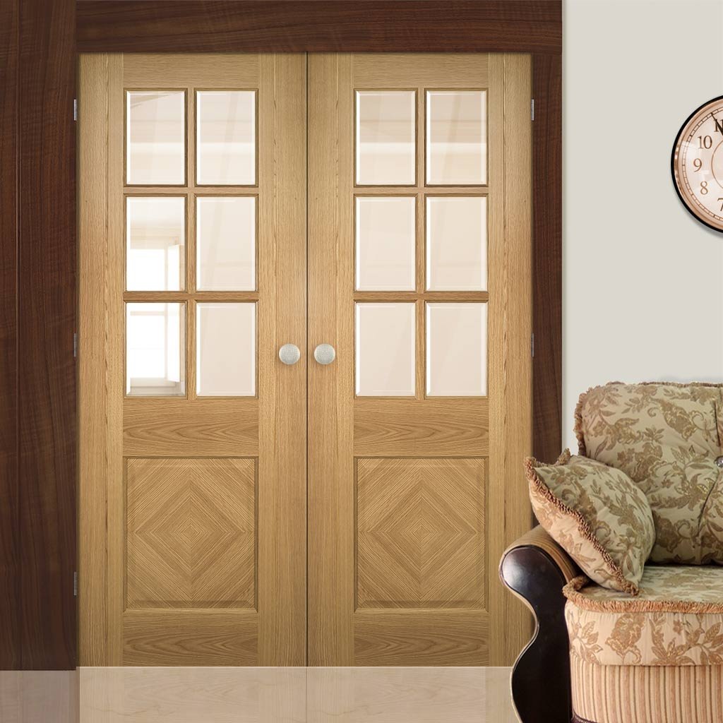 Kensington Oak Panel Door Pair - Clear Bevelled Glass - Prefinished