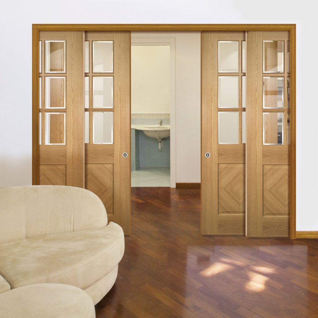 Kensington Oak Staffetta Quad Telescopic Pocket Doors - Clear Bevelled Glass - Prefinished