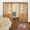 Kensington Oak Staffetta Quad Telescopic Pocket Doors - Clear Bevelled Glass - Prefinished