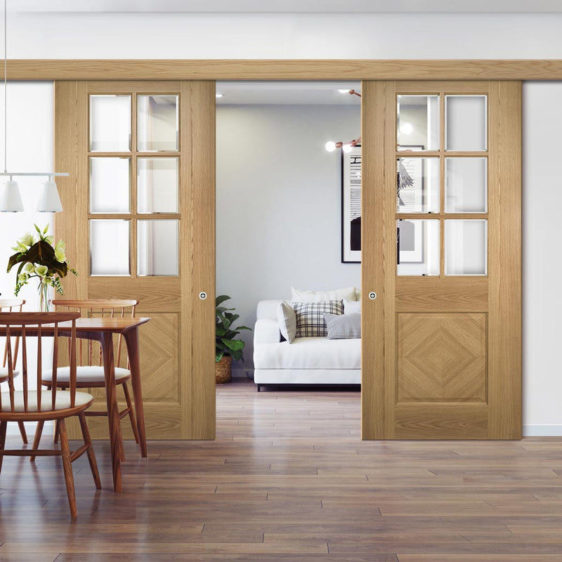 Double Sliding Door & Wall Track - Kensington Oak Panel Door - Clear Bevelled Glass - Prefinished