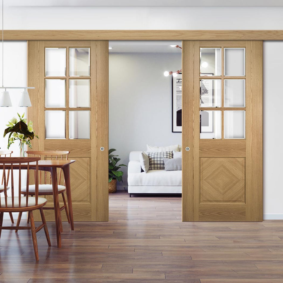 Double Sliding Door & Wall Track - Kensington Oak Panel Door - Clear Bevelled Glass - Prefinished
