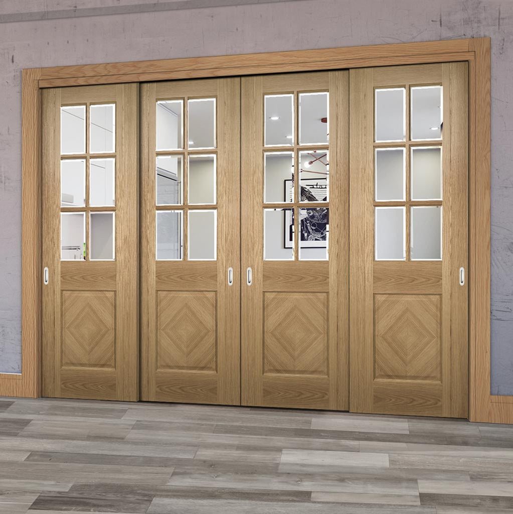 Pass-Easi Four Sliding Doors and Frame Kit - Kensington Oak Panel Door - Clear Bevelled Glass - Prefinished
