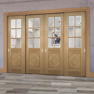 Image: Pass-Easi Four Sliding Doors and Frame Kit - Kensington Oak Panel Door - Clear Bevelled Glass - Prefinished