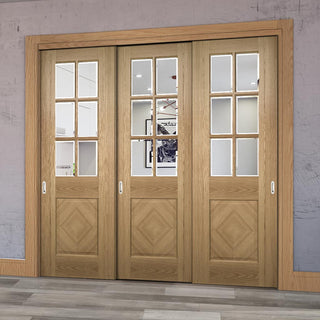 Image: Pass-Easi Three Sliding Doors and Frame Kit - Kensington Oak Panel Door - Clear Bevelled Glass - Prefinished
