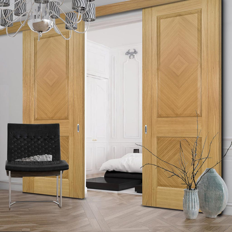 Double Sliding Door & Wall Track - Kensington Oak Panel Door - Prefinished