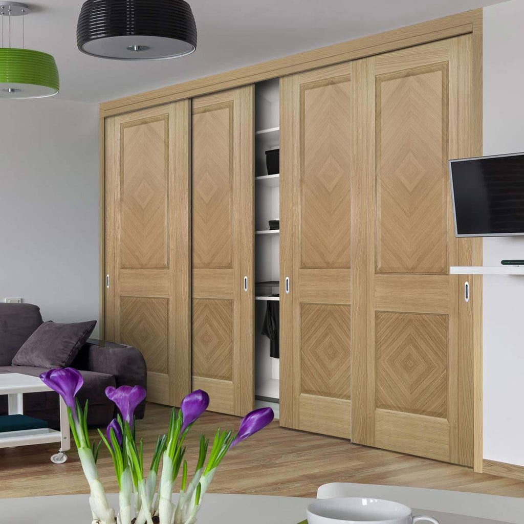 Four Sliding Maximal Wardrobe Doors & Frame Kit - Kensington Oak Panel Door - Prefinished