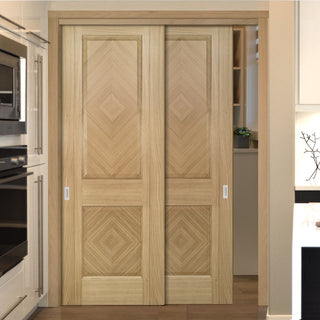 Image: Pass-Easi Two Sliding Doors and Frame Kit - Kensington Oak Panel Door - Prefinished