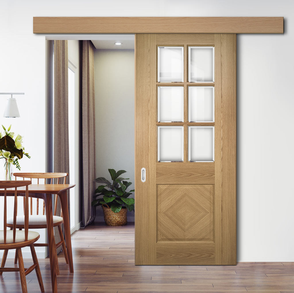 Single Sliding Door & Wall Track - Kensington Oak Panel Door - Clear Bevelled Glass - Prefinished