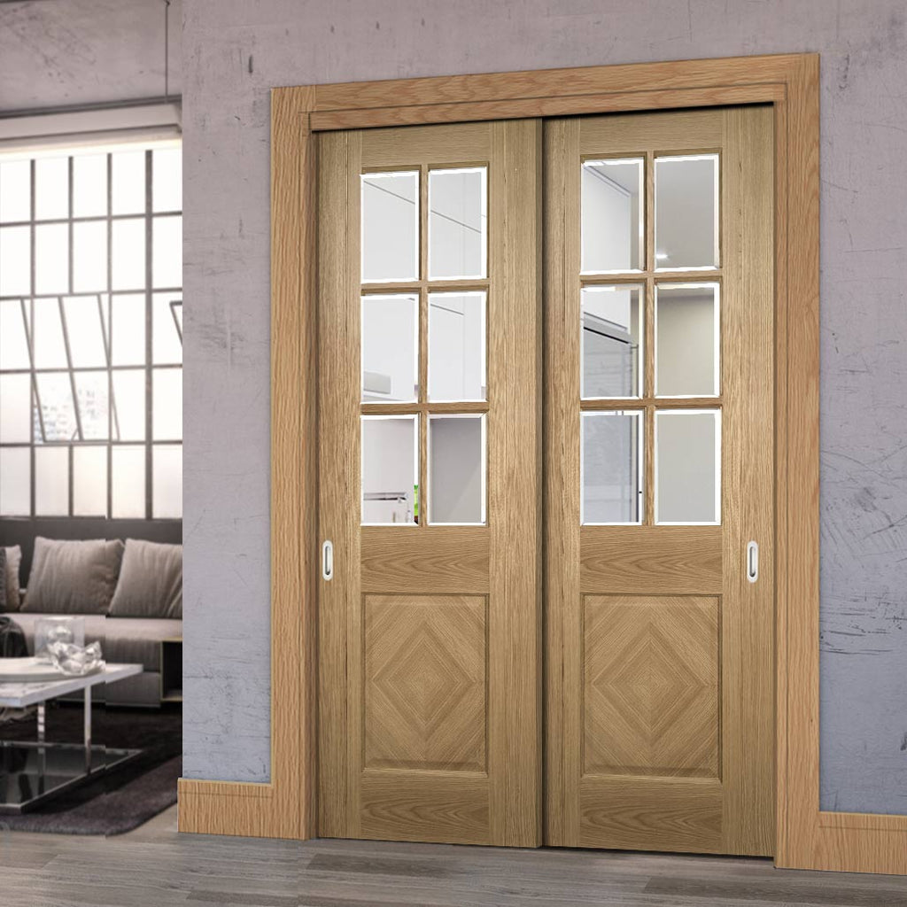 Pass-Easi Two Sliding Doors and Frame Kit - Kensington Oak Panel Door - Clear Bevelled Glass - Prefinished