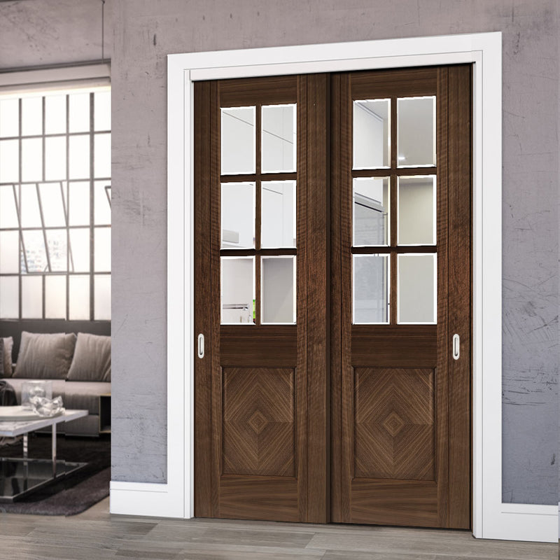 Pass-Easi Two Sliding Doors and Frame Kit - Kensington Prefinished Walnut Door - Clear Bevelled Glass