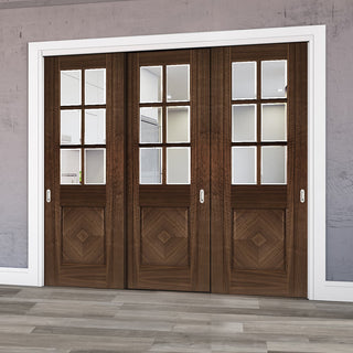Image: Pass-Easi Three Sliding Doors and Frame Kit - Kensington Prefinished Walnut Door - Clear Bevelled Glass