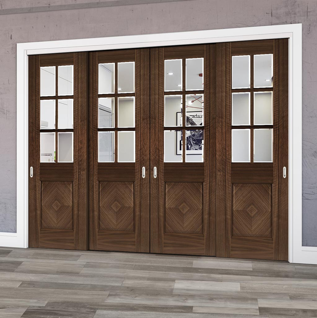 Pass-Easi Four Sliding Doors and Frame Kit - Kensington Prefinished Walnut Door - Clear Bevelled Glass