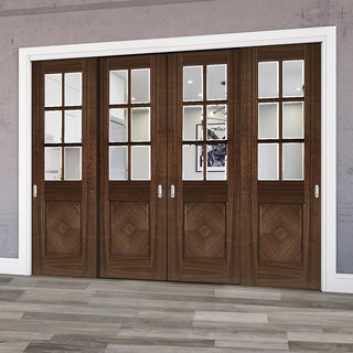 Image: Pass-Easi Four Sliding Doors and Frame Kit - Kensington Prefinished Walnut Door - Clear Bevelled Glass