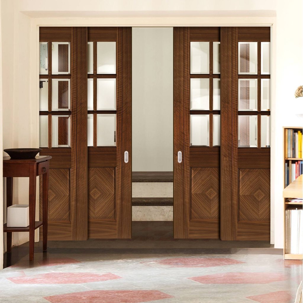 Kensington Walnut Veneer Staffetta Quad Telescopic Pocket Doors - Clear Bevelled Glass - Prefinished