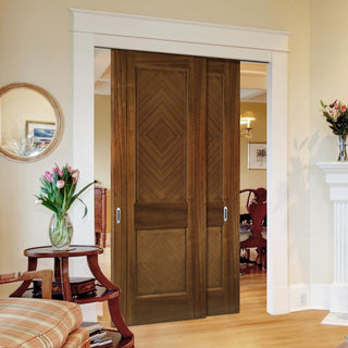 Image: Pass-Easi Two Sliding Doors and Frame Kit - Kensington Prefinished Walnut Door - 2 Panels