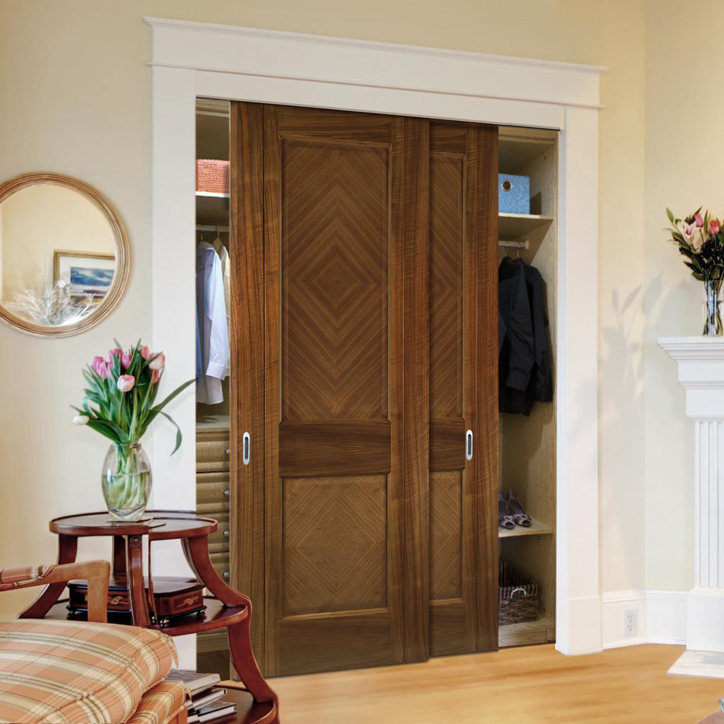 Two Sliding Maximal Wardrobe Doors & Frame Kit - Kensington Prefinished Walnut Door - 2 Panels