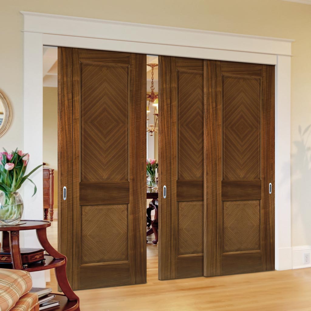 Pass-Easi Three Sliding Doors and Frame Kit - Kensington Prefinished Walnut Door - 2 Panels