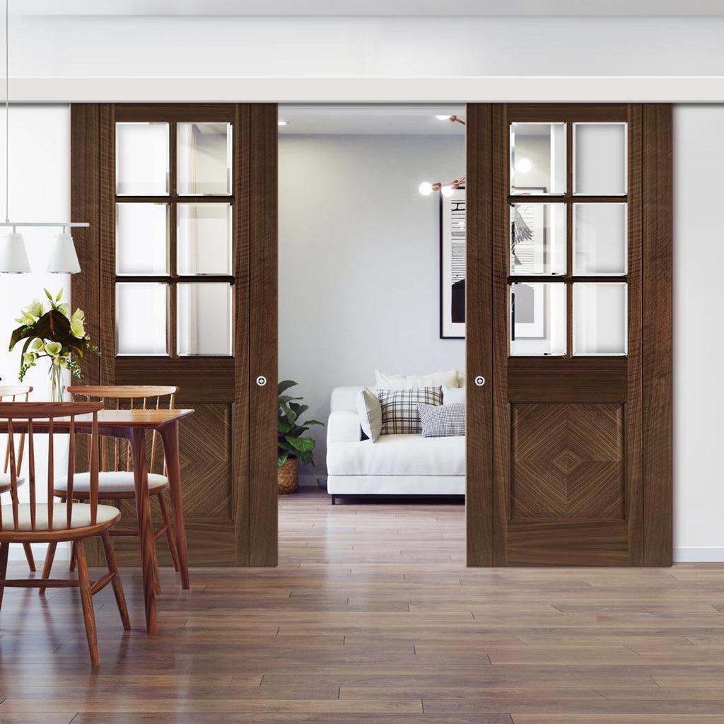 Double Sliding Door & Wall Track - Kensington Prefinished Walnut Door - Clear Bevelled Glass