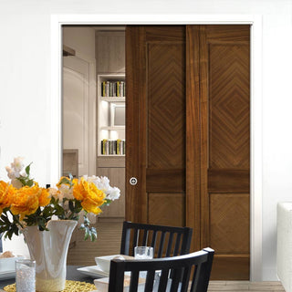 Image: Kensington Walnut Veneer Staffetta Twin Telescopic Pocket Doors - Prefinished