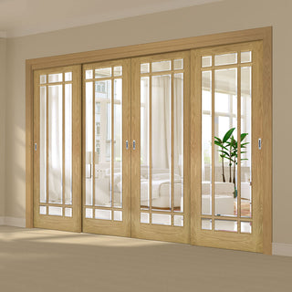 Image: Pass-Easi Four Sliding Doors and Frame Kit - Kerry Oak Door - Bevelled Clear Glass - Unfinished
