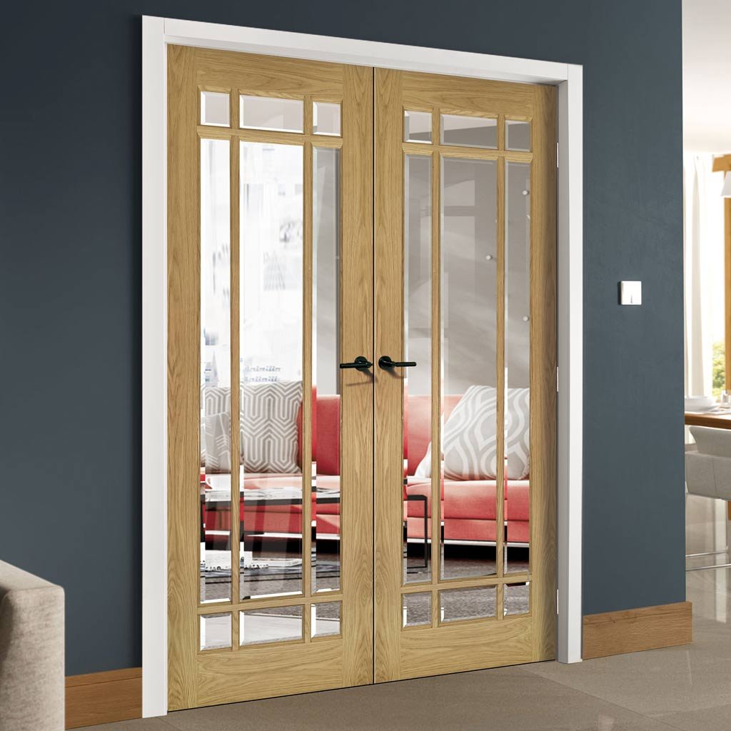 Kerry Oak Door Pair - Bevelled Clear Glass - Unfinished