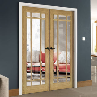 Image: Bespoke Kerry Oak Internal Door Pair - Bevelled Clear Glass - Unfinished