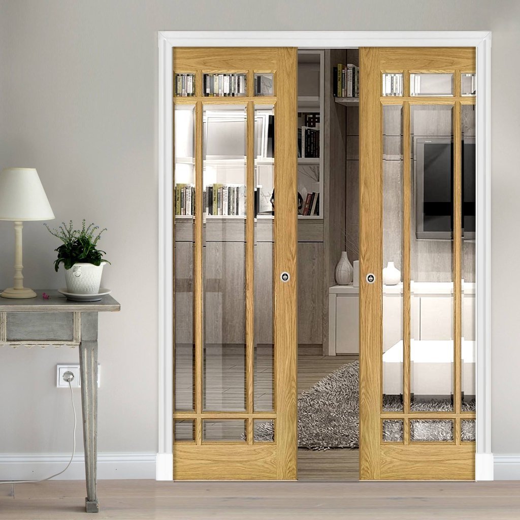 Kerry Oak Double Evokit Pocket Doors - Bevelled Clear Glass - Unfinished