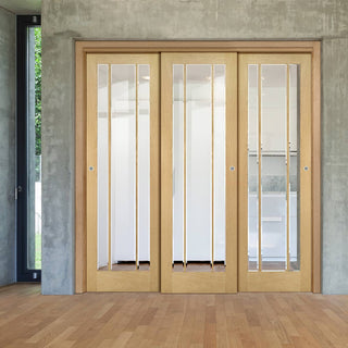 Image: Pass-Easi Three Sliding Doors and Frame Kit - Norwich Real American Oak Veneer Door - Clear Bevelled Glass - Unfinished