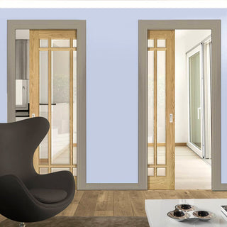 Image: Kerry Oak Unico Evo Pocket Doors - Bevelled Clear Glass - Unfinished
