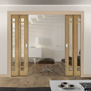 Image: Kerry Oak Veneer Staffetta Quad Telescopic Pocket Doors - Bevelled Clear Glass - Unfinished