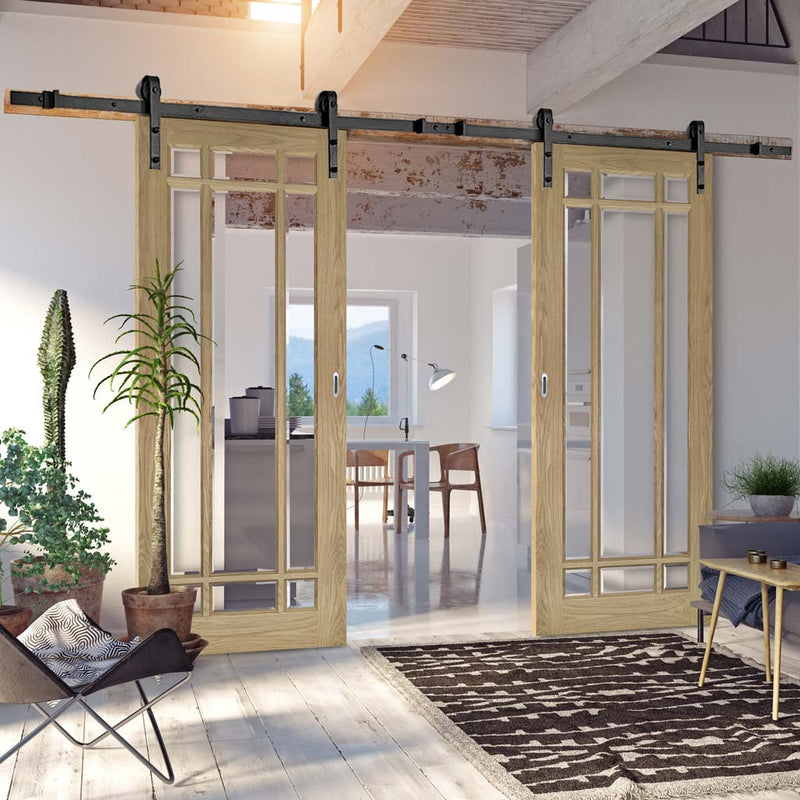 Double Sliding Door & Black Barn Track - Kerry Oak Door - Bevelled Clear Safety Glass - Unfinished