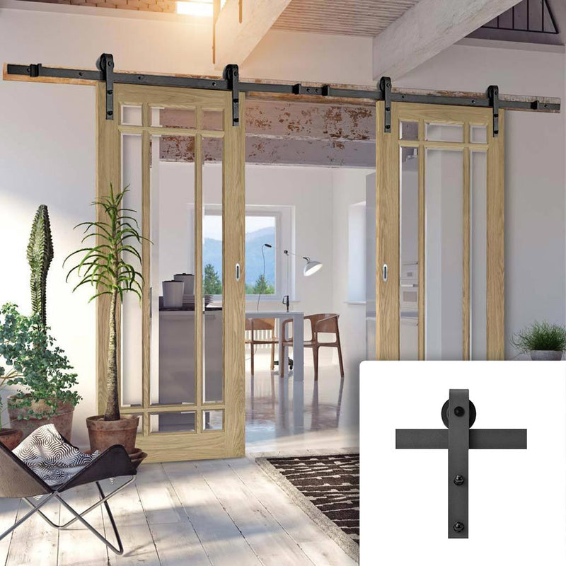 Double Sliding Door & Black Barn Track - Kerry Oak Door - Bevelled Clear Safety Glass - Unfinished
