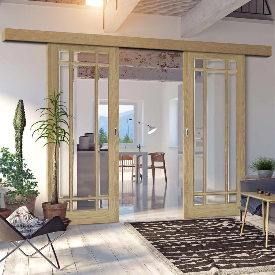 Double Sliding Door & Wall Track - Kerry Oak Door - Bevelled Clear Glass - Unfinished