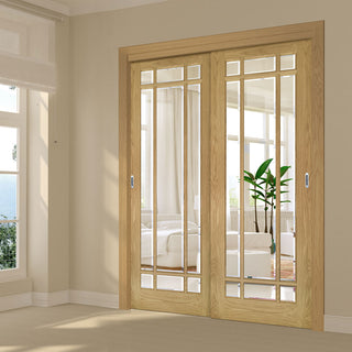 Image: Pass-Easi Two Sliding Doors and Frame Kit - Kerry Oak Door - Bevelled Clear Glass - Unfinished