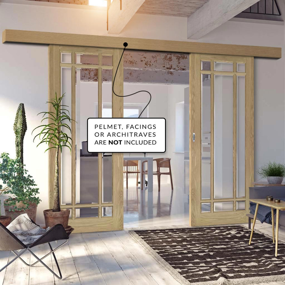 Double Sliding Door & Wall Track - Kerry Oak Door - Bevelled Clear Glass - Unfinished