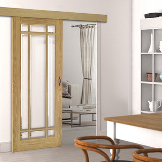 Image: Single Sliding Door & Wall Track - Kerry Oak Door - Bevelled Clear Glass - Unfinished