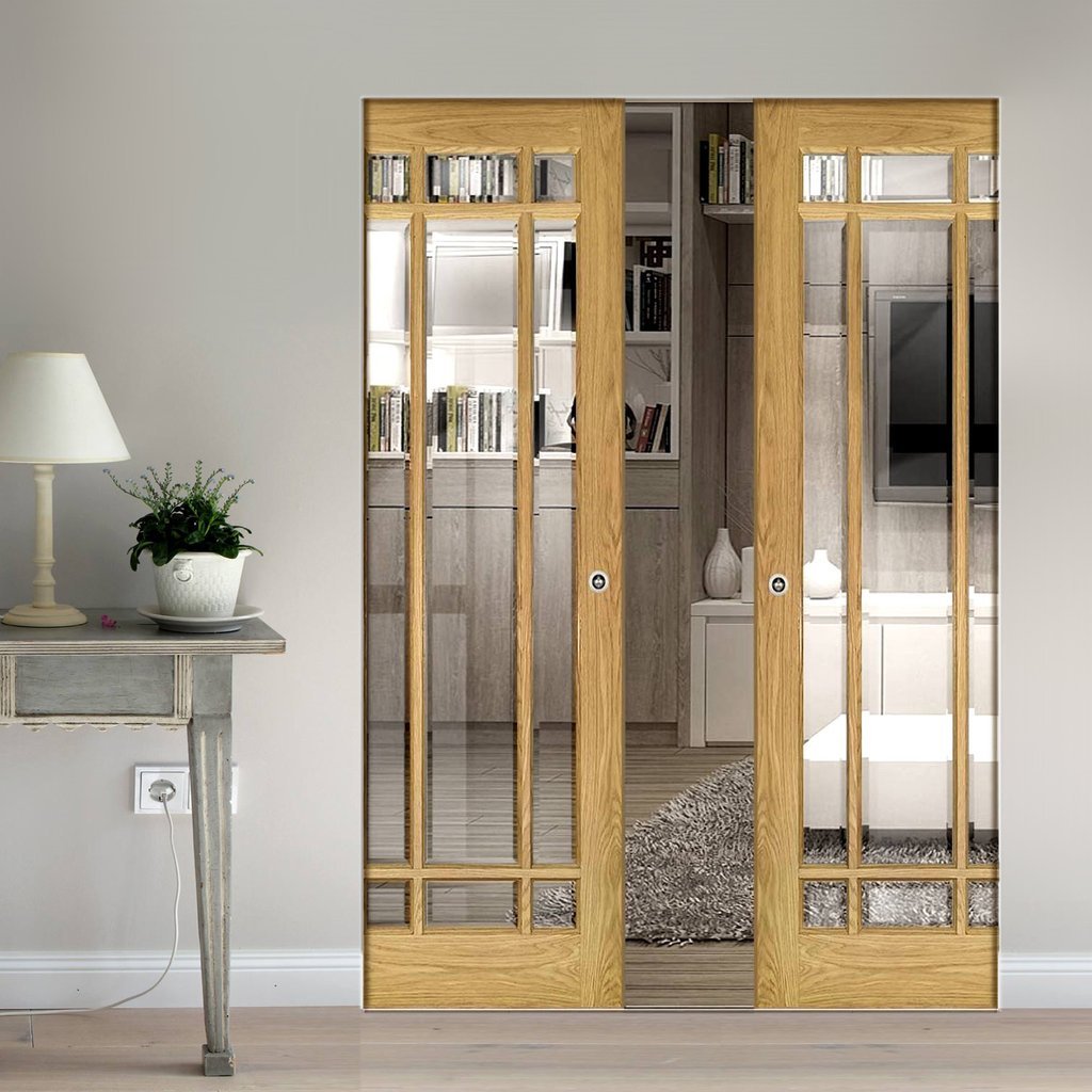 Kerry Oak Absolute Evokit Double Pocket Doors - Bevelled Clear Glass - Unfinished