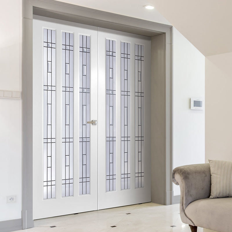 Kielder Lightly Grained Internal PVC Door Pair - Bora Style Sandblasted Glass