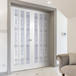 Image: Kielder Lightly Grained Internal PVC Door Pair - Bora Style Sandblasted Glass