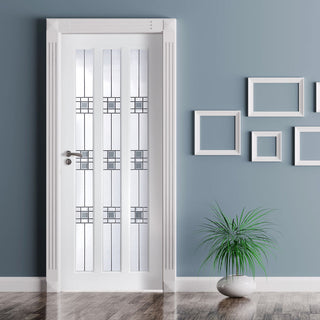 Image: Kielder Lightly Grained Internal PVC Door - Fern Style Sandblasted Glass