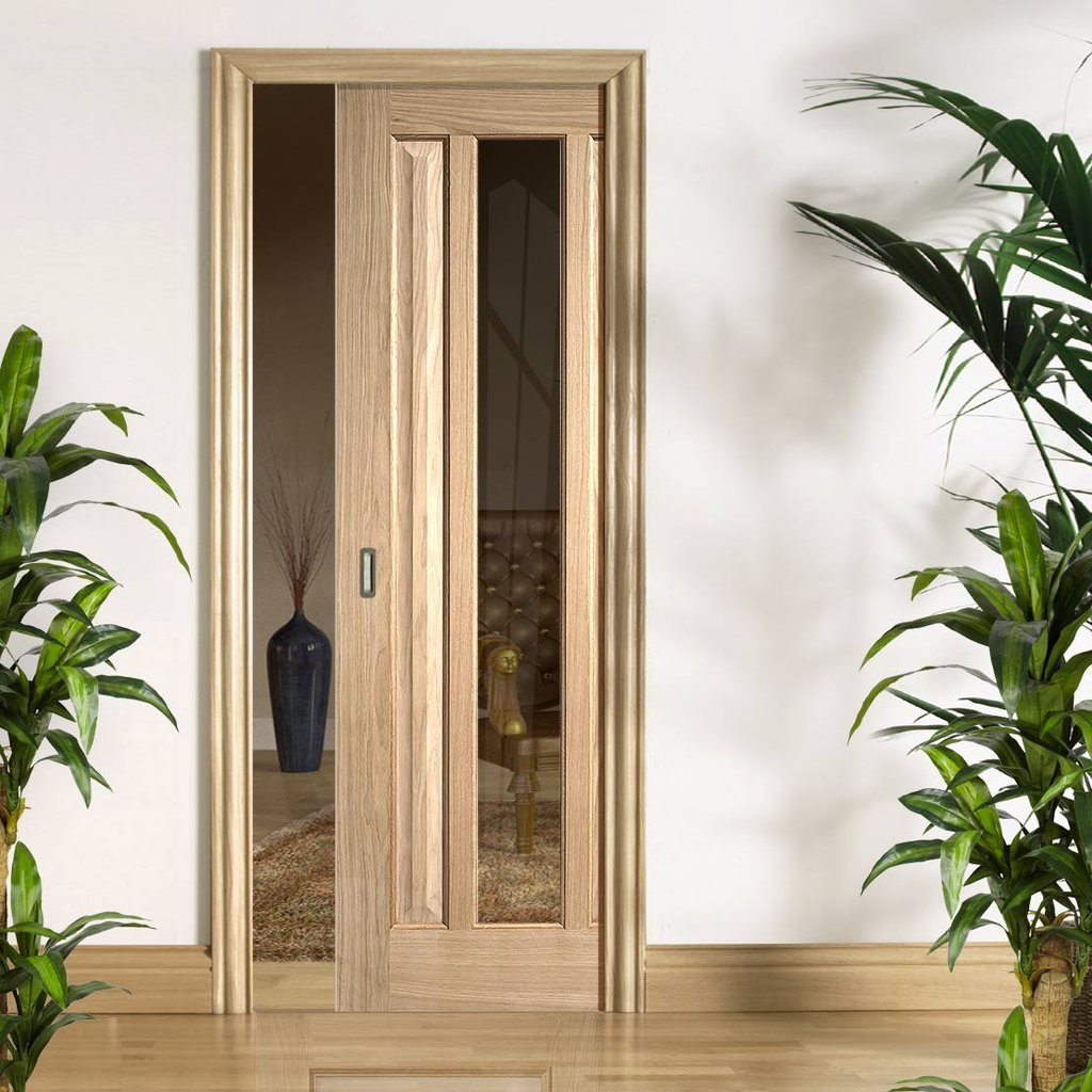 Kilburn 1 Pane Oak Single Evokit Pocket Door - Clear Glass