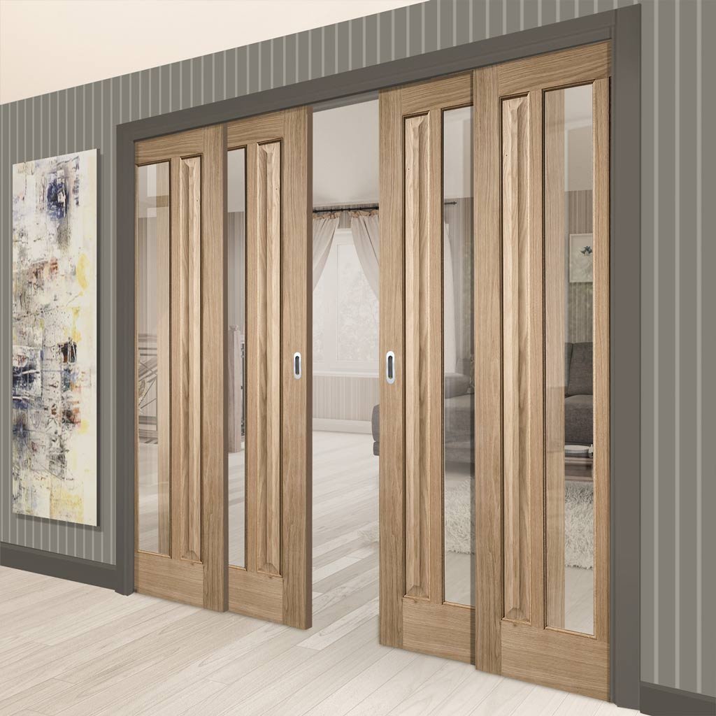 Kilburn 1 Pane Oak Veneer Staffetta Quad Telescopic Pocket Doors - Clear Glass