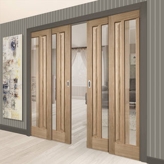 Image: Kilburn 1 Pane Oak Veneer Staffetta Quad Telescopic Pocket Doors - Clear Glass