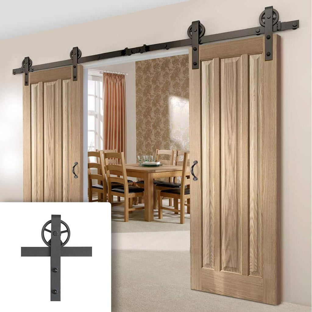 Double Sliding Door & Wagon Wheel Black Track - Kilburn 3 Panel Oak Doors - Unfinished