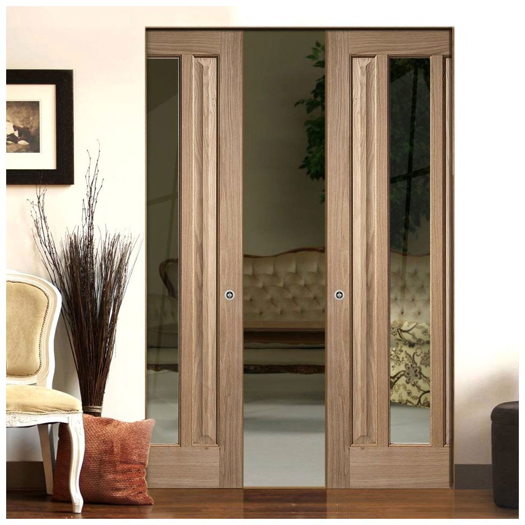 Kilburn 1 Pane Oak Absolute Evokit Double Pocket Doors - Clear Glass